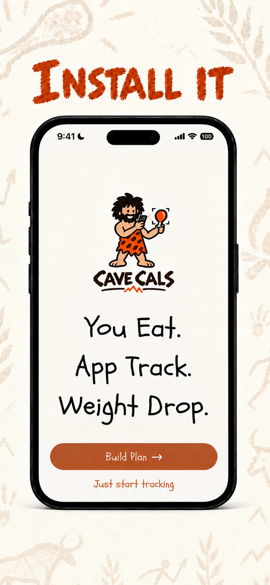 Cave Cals welcome screen with Build Plan and Just start tracking