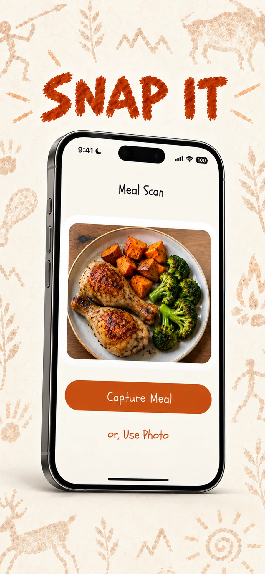 Meal Scan estimating a plate of chicken, sweet potatoes, and broccoli