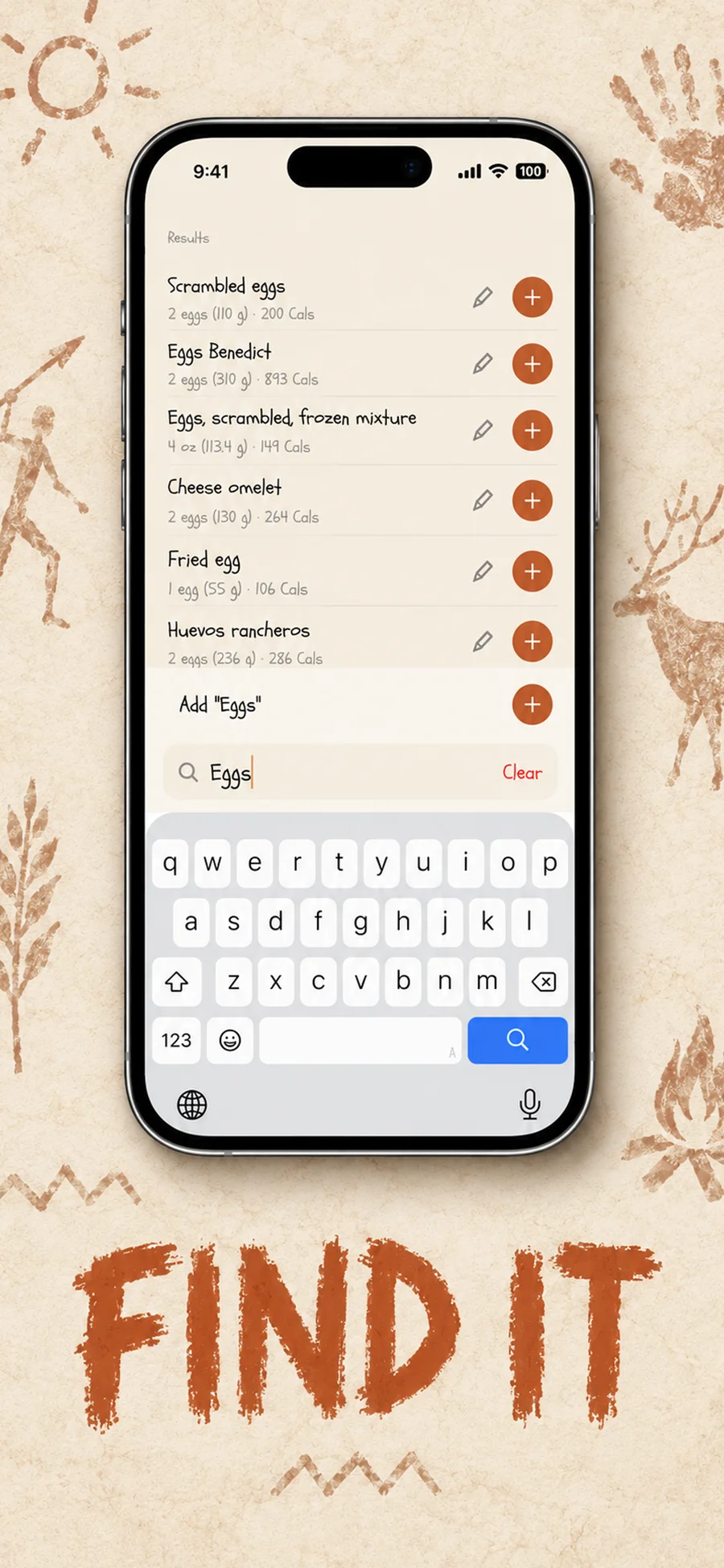 Food search showing egg dishes and their calories